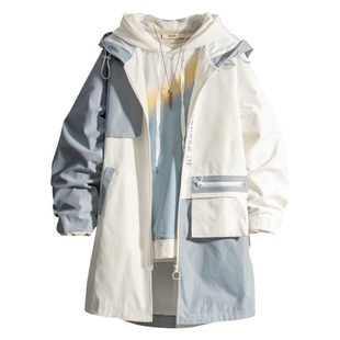 soinku2021新款潮流痞帅拼色工装英伦风男士风衣中长款春秋季外套