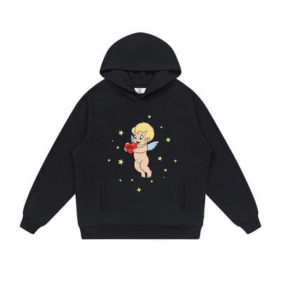 EMPTY REFERENCE 黑色星夜爱心天使印花复古休闲宽松落肩连帽卫衣
