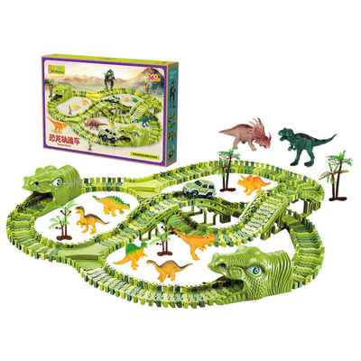 纽奇恐龙轨道车玩具百变拼搭轨道仿真恐龙闯关电动赛车玩具男孩
