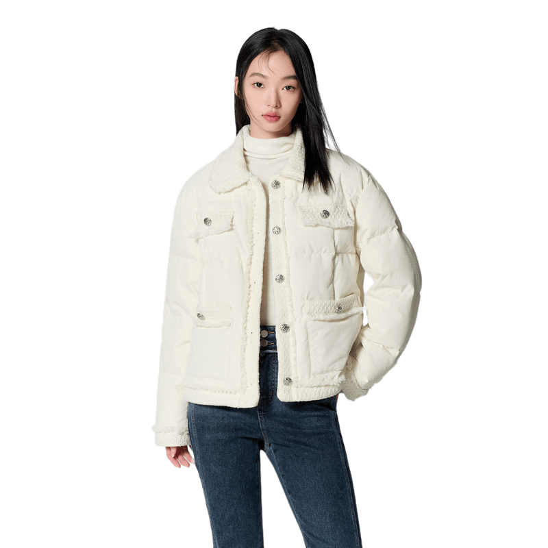 森马小香风翻领毛边肌理羽绒服女