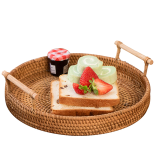 越南藤编托盘水果盘家用藤篮编织点心早餐篮日式竹编馒头筐果盘