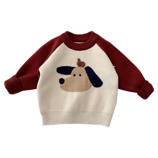 儿童一体绒毛衣男童加绒衣宝宝加厚针织衫女童卡通保暖上衣撞色冬