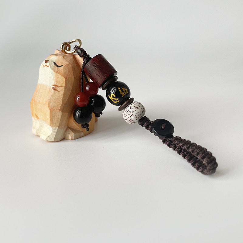 thumbnail for Handmade wood carving cat peach wood plum blossom woven keychain, car school bag pendant, delicate hanging ornament, birthday gift