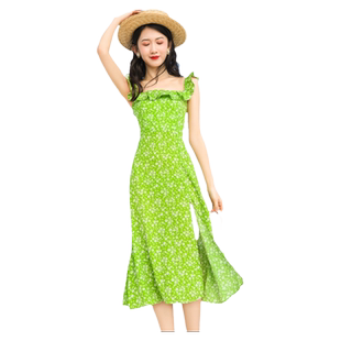 三亚旅行穿搭绿色碎花波西米亚吊带海边度假连衣裙沙滩裙夏季超仙