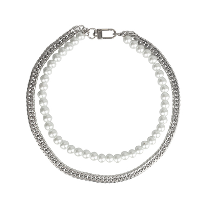 原创双层拼接珍珠古巴链男潮人钛钢hiphop个性百搭颈链时尚锁骨链