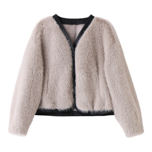 皮毛一体仿水貂毛厚外套女25年冬新款小个子短款环保皮草毛绒上衣