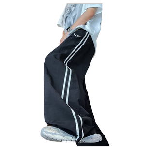 撞色两条杠运动裤子男青少年美式复古速干条纹直筒休闲工装阔腿裤