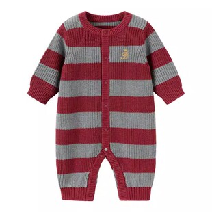 【清仓】babylove婴儿针织连体衣秋冬季哈衣爬服宝宝红色条纹衣服