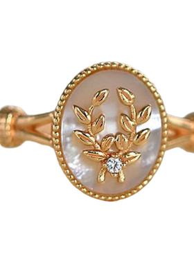 法式复古时尚天然贝珠橄榄叶戒指