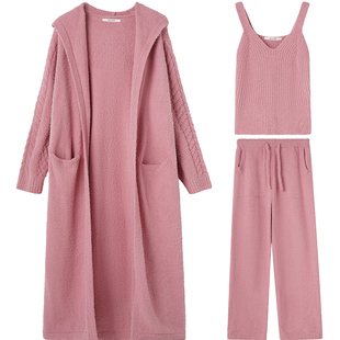 淳度半边绒睡衣女冬季加厚加绒高级感珊瑚绒可外穿家居服三件套装