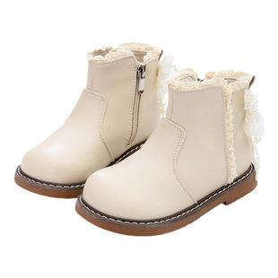 儿童皮靴女童加绒保暖公主靴冬季新款2025女孩时尚蝴蝶结防滑童靴