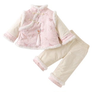 婴儿冬装夹棉套装女宝宝棉服中式加绒加厚两件套百天周岁过年衣服