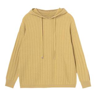 布景毛衣女冬季简约商场同款竖条纹长袖连帽纯色羊毛针织衫1811