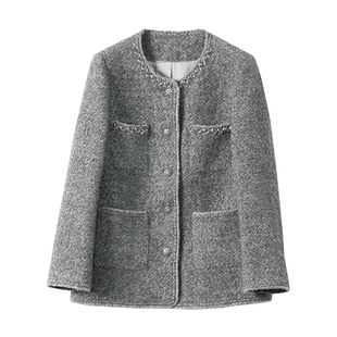 淘么淘【古堡小香】法式优雅羊驼毛羊毛钉珠人字纹圈圈毛呢外套女
