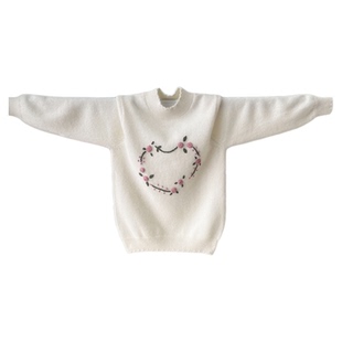 儿童羊绒衫新款女童毛衣白色绣花女宝100%山羊绒衫套头厚款打底衫