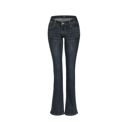 蓝色低腰微喇高弹牛仔裤