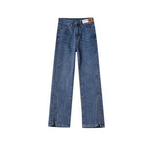 米白色开叉烟管裤女加绒秋冬2025新款八分九分高腰宽松直筒牛仔裤