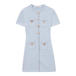 self-portrait 早秋薄雾蓝纽扣设计感针织短袖连衣裙