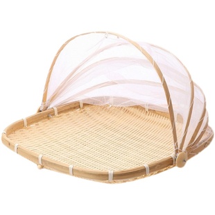 带蚊帐网罩竹篮加帘晾晒家用盖菜农家竹制圆簸箕竹编防虫子苍蝇筐