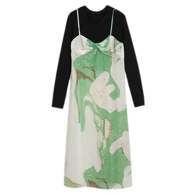 谜底连衣裙春季新款假两件胸衣设计收腰中长款A字裙231ML0124