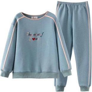 睡衣女士春秋季加厚纯棉长袖家居服套头空气棉夹棉夹层秋冬季