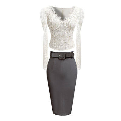 V领蕾丝上衣+半裙套装