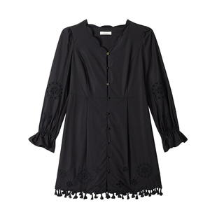 【天丝棉】MSLAN春季黑色民族感镂空绣花流苏连衣裙MFCE4101