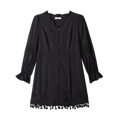 【天丝棉】MSLAN春季黑色民族感镂空绣花流苏连衣裙MFCE4101