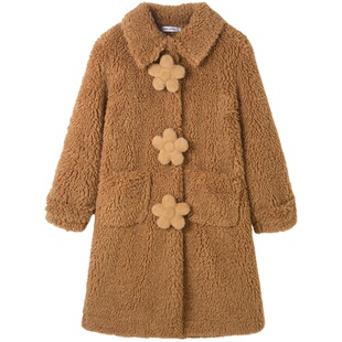【清仓特惠】DIDDI 秋冬纯色宽松毛呢外套中长款立体花朵毛毛大衣