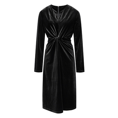 BCBG秋冬新款时尚优雅设计感简约休闲扭结褶饰绒面长袖女连衣裙