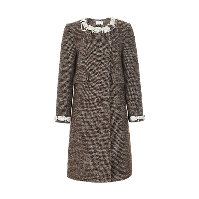 lefame拉飞姆冬季珠链缠绕双排布包扣老钱风咖色大衣