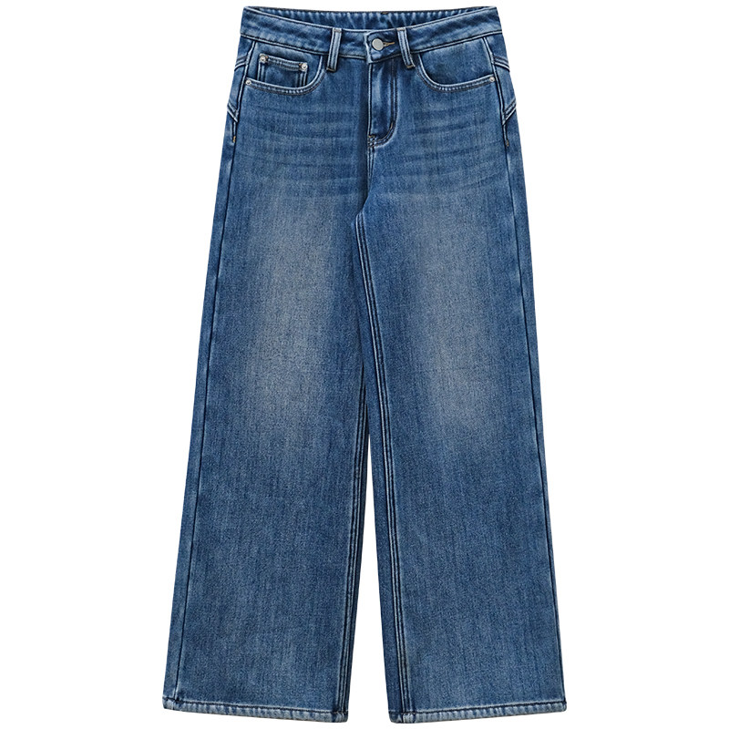 一三良品小个子 加厚加绒黑蓝色直筒牛仔裤爆款保暖阔腿裤子女冬