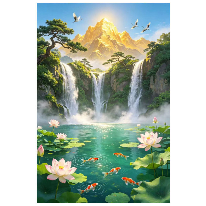 中式山水自粘防水聚财客厅玄关画