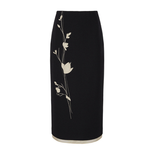 LYNEE【福开森路】新中式绣花直筒半裙 百搭显瘦白黑色半身裙