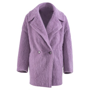 Orchel/欧榭丽轻奢时尚百搭莫奈紫羊毛羊绒拉毛中长款外套女大衣