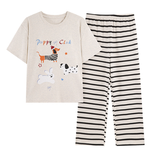 女款睡衣圆领短袖长裤春夏季纯棉带胸垫简约休闲套装小个子家居服