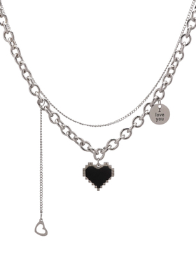 黑色马赛克爱心像素桃心吊坠双层项链ins潮嘻哈毛衣链女