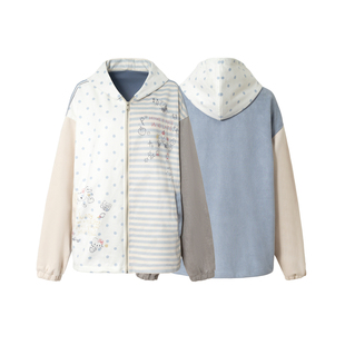 期望Studio条纹撞色KT猫趣味拼接印花连帽开衫外套女春季百搭上衣