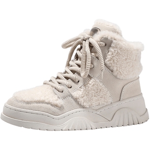 BellaLily2025冬新款通勤百搭厚底板鞋加绒保暖牛皮鞋高帮休闲鞋