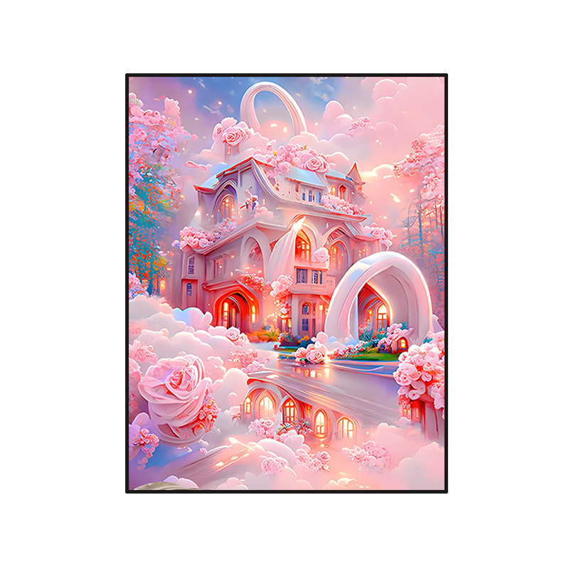 唯美粉色玫瑰城堡风景钻石画2025新款小幅贴钻十字绣客厅卧室满钻