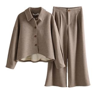 灰棕色羊毛毛呢套装女秋冬新款阔腿裤两件套2026超火冬装一整套