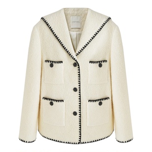 UNSPOKEN海军领羊毛外套女冬季原创设计感宽松撞色小香风呢子大衣