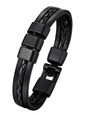 泰爱你极简黑色三层PU皮手镯