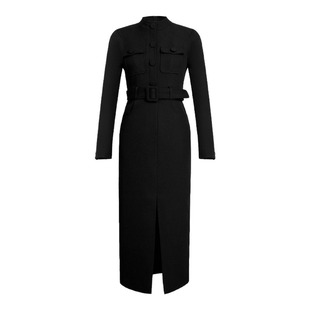 2025秋新款圆领修身气场强大长袖开叉连衣裙过膝时尚女装潮流款