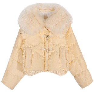 落落狷介淡黄色羽绒服女款2025新款短款大毛利外套小个子加厚保暖