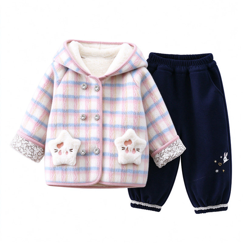 女童秋冬加厚格子棉服套装