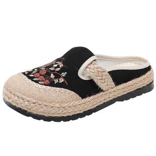 老北京布鞋女亚麻包头半拖鞋外穿软底舒适民族风妈妈鞋绣花布拖鞋