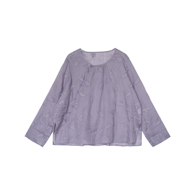 安妮森林紫色苎麻刺绣国风上衣