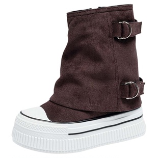 裤管靴短靴女2025新款小个子厚底内增高13cm皮带扣绒面靴子春秋冬