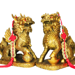 八卦铜麒麟摆件公母一对送子火麒麟办公室家用客厅装饰品送五帝钱